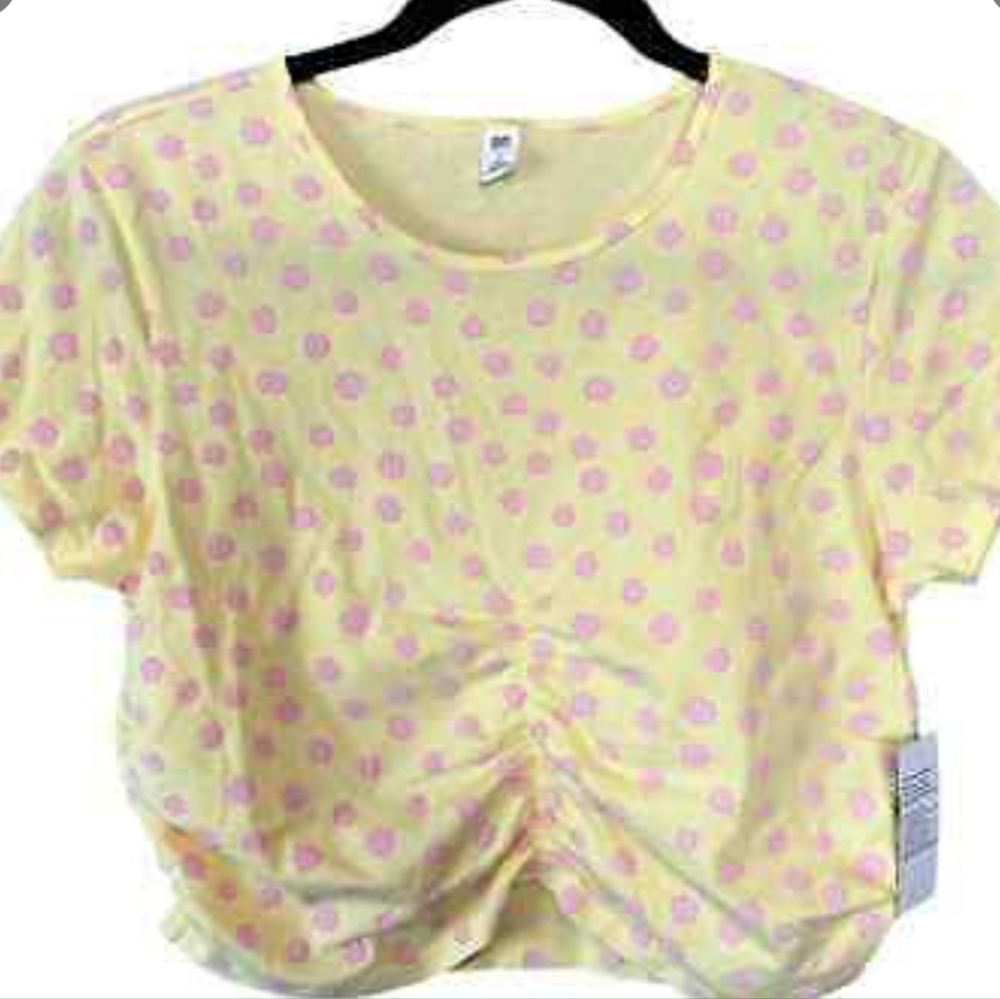 New BP. Yellow Blouse Pink Floral Women's Ruched Short Sleeve New Cropped Top 3x